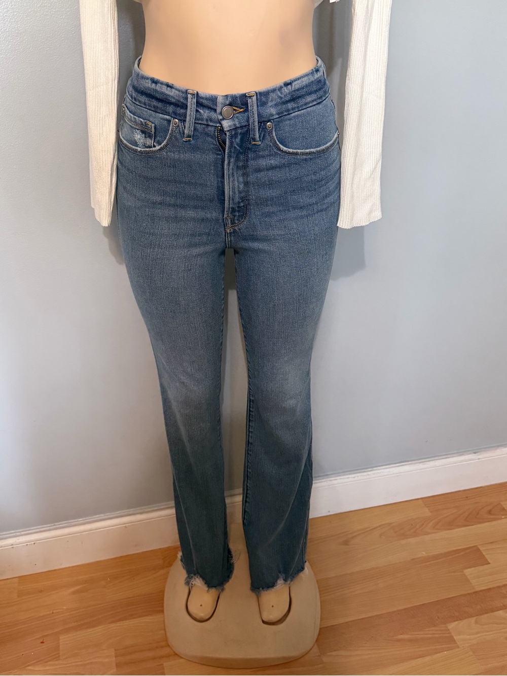 Good American Medium Blue High-Rise Flare Jeans